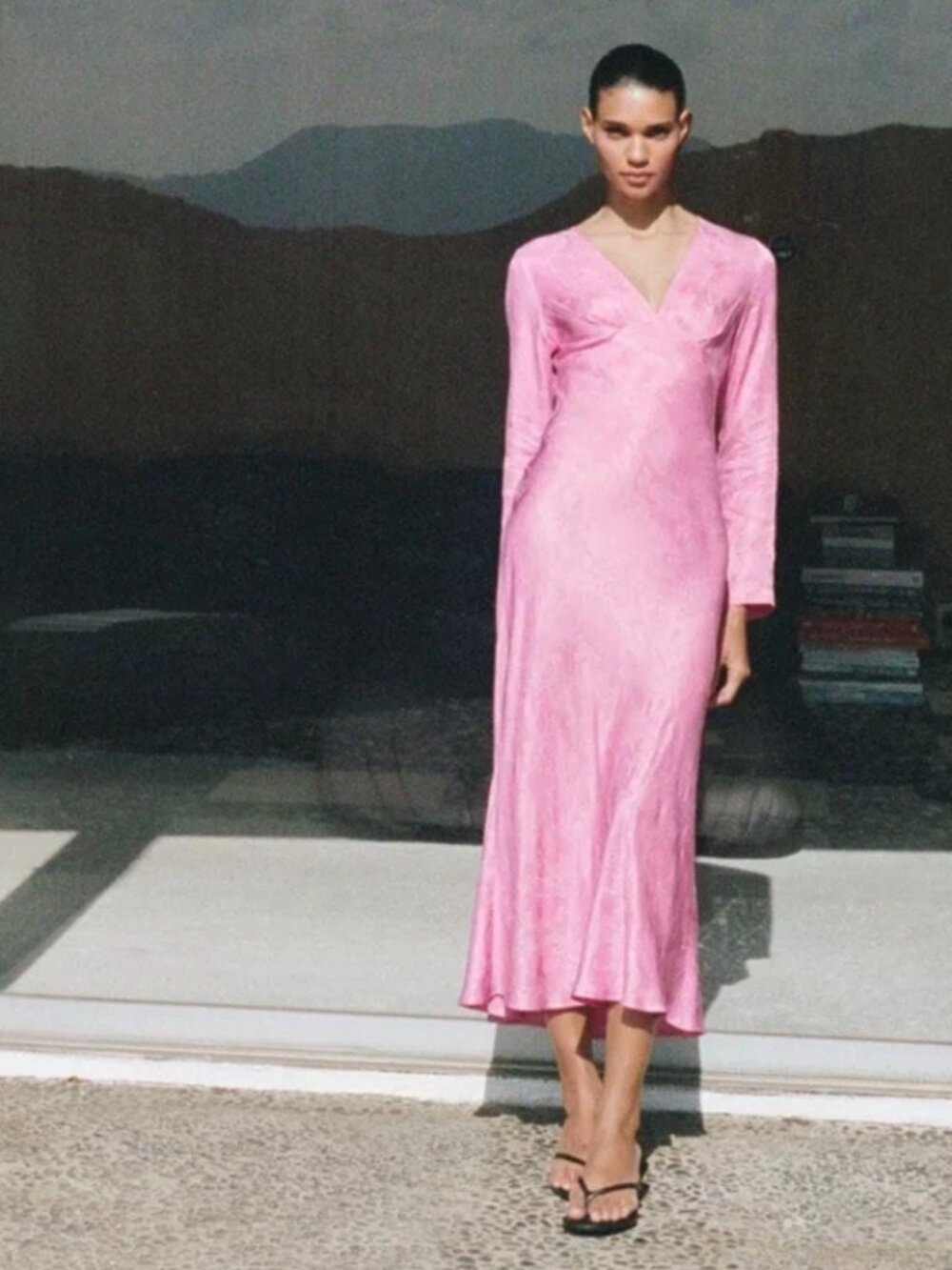 Zara Woman Pink Pleated V-Neck Jacquard Midi Dress Size M NWT 79$+TAX